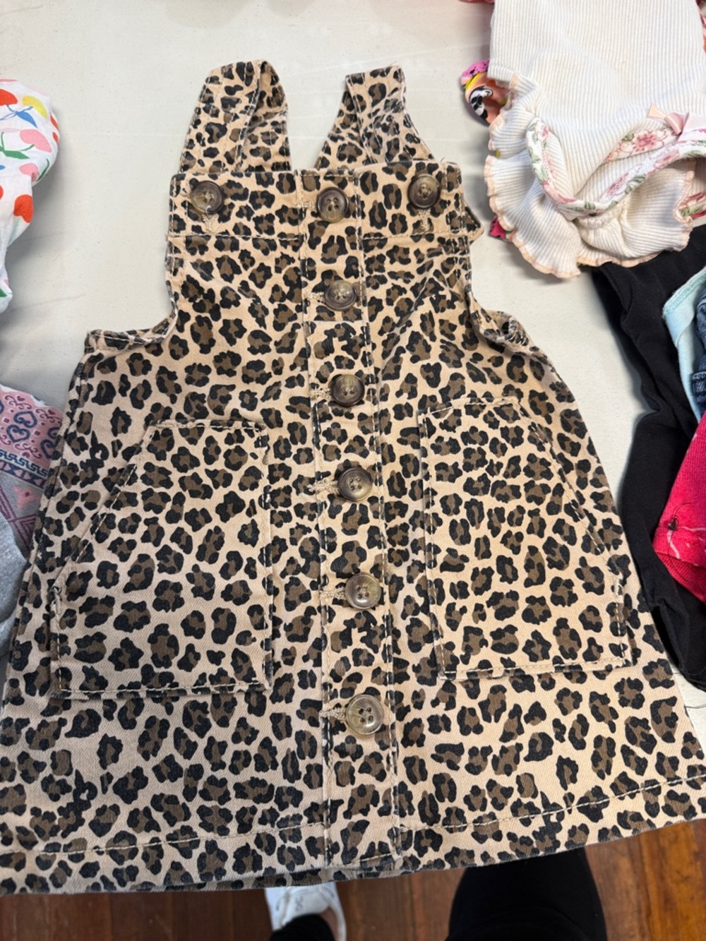 Girls Leopard Print Button-Front Pinafore Dress